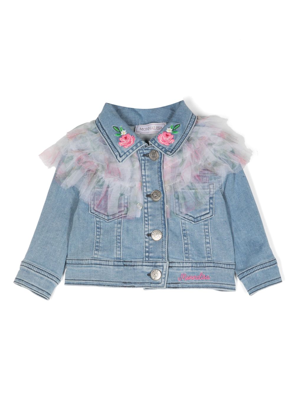 Tulle-inserts cotton-blend denim jacket - Blue