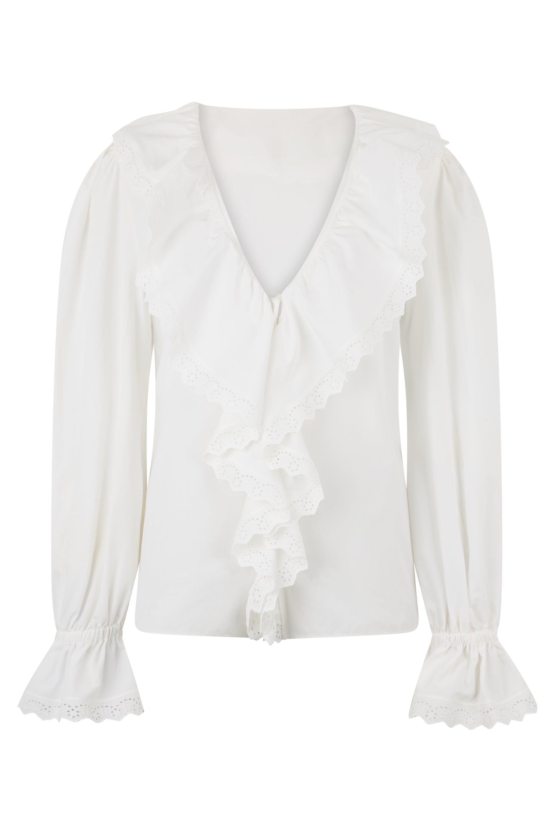 V-Neck Cotton Poplin Blouse with Ruffle & San Gallo Lace