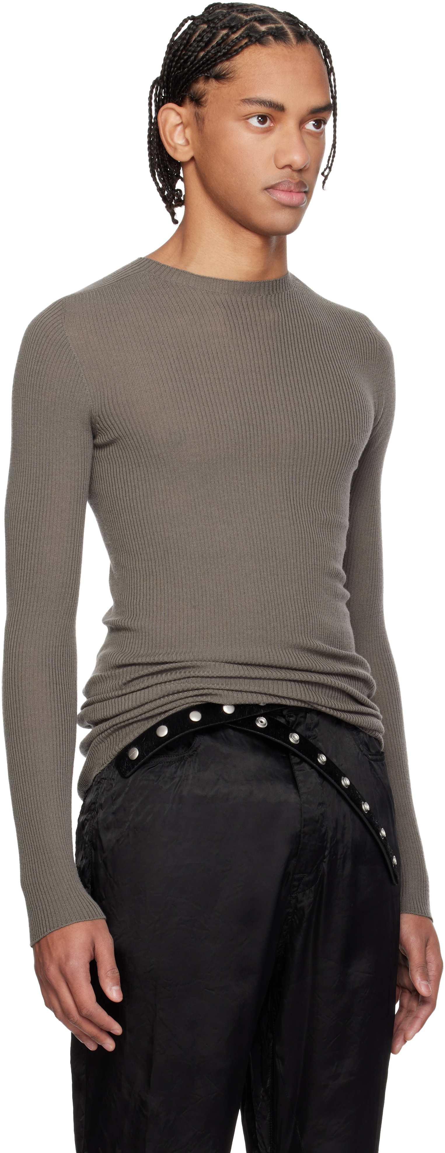 Gray Temple Ribbed Round Neck Sweater