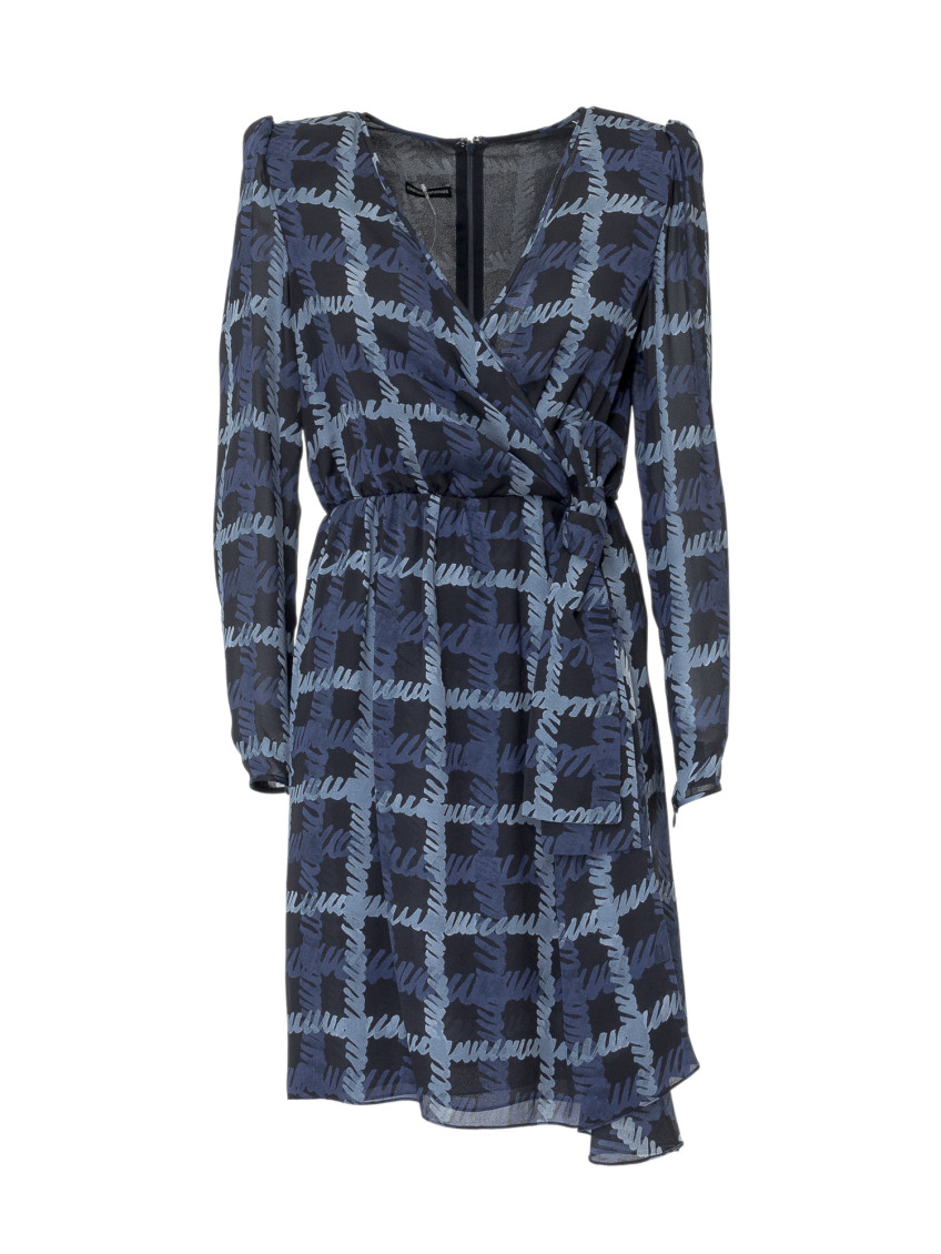 Blue Printed V Neck Midi Dress