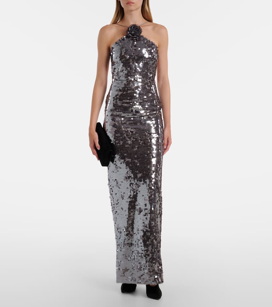 Floral-appliqué sequined gown