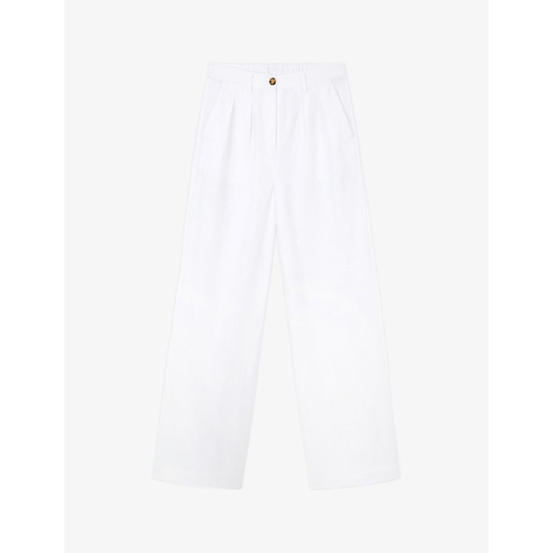 Womens White Two Pleat Wide-leg Linen Trousers