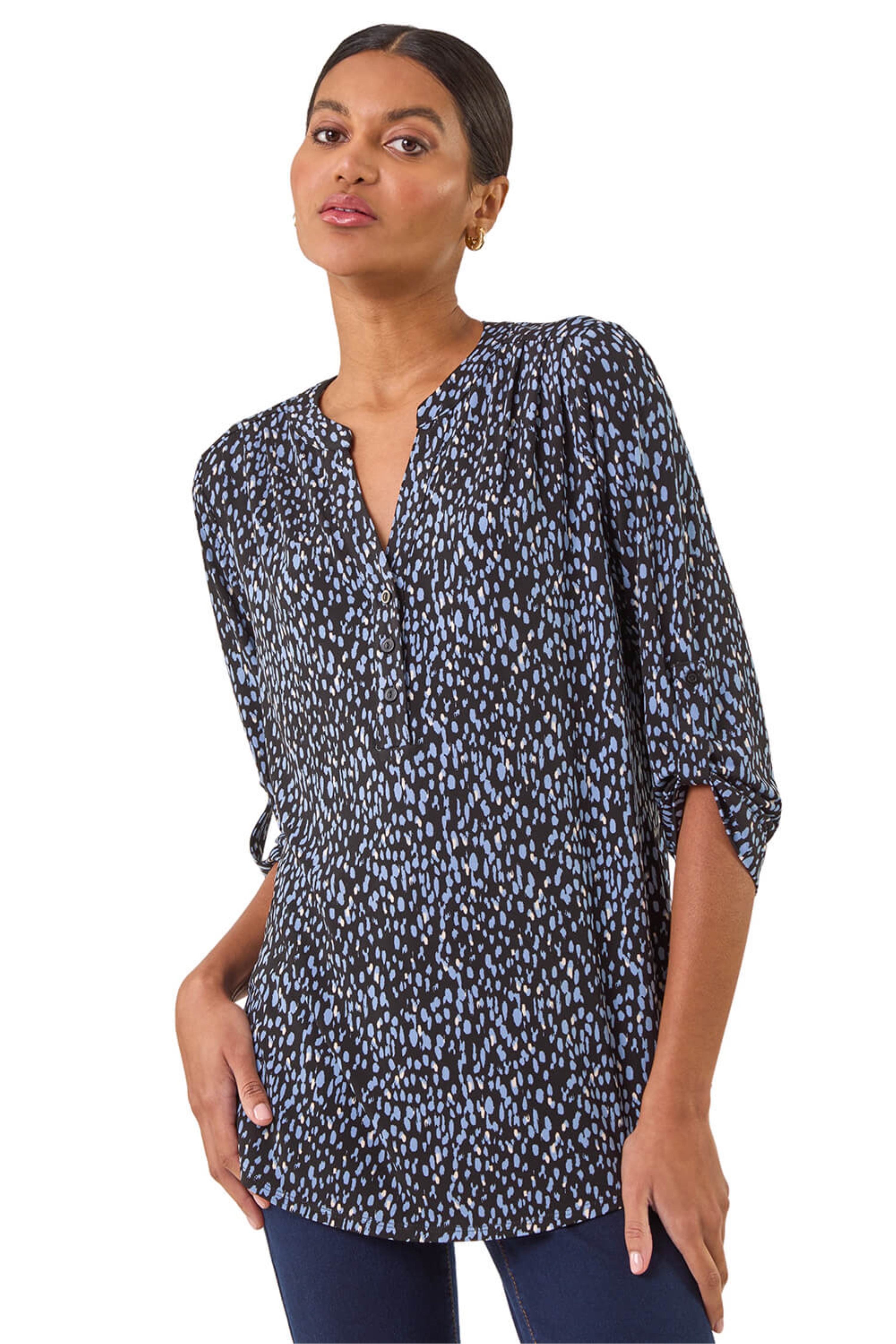 Roman Womens Printed Notch Neck Shirt - Blue