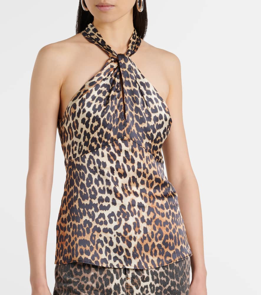Leopard-print halterneck satin top