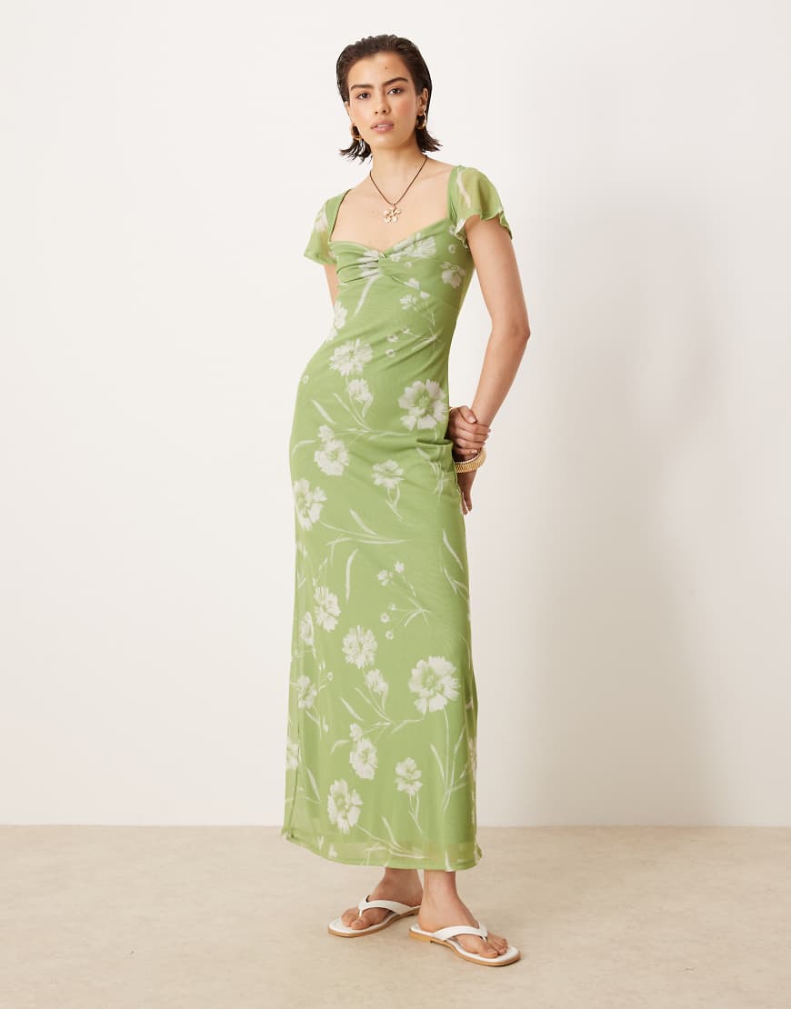 Twist front flutter sleeve midi tea dress in green floral print-Multi