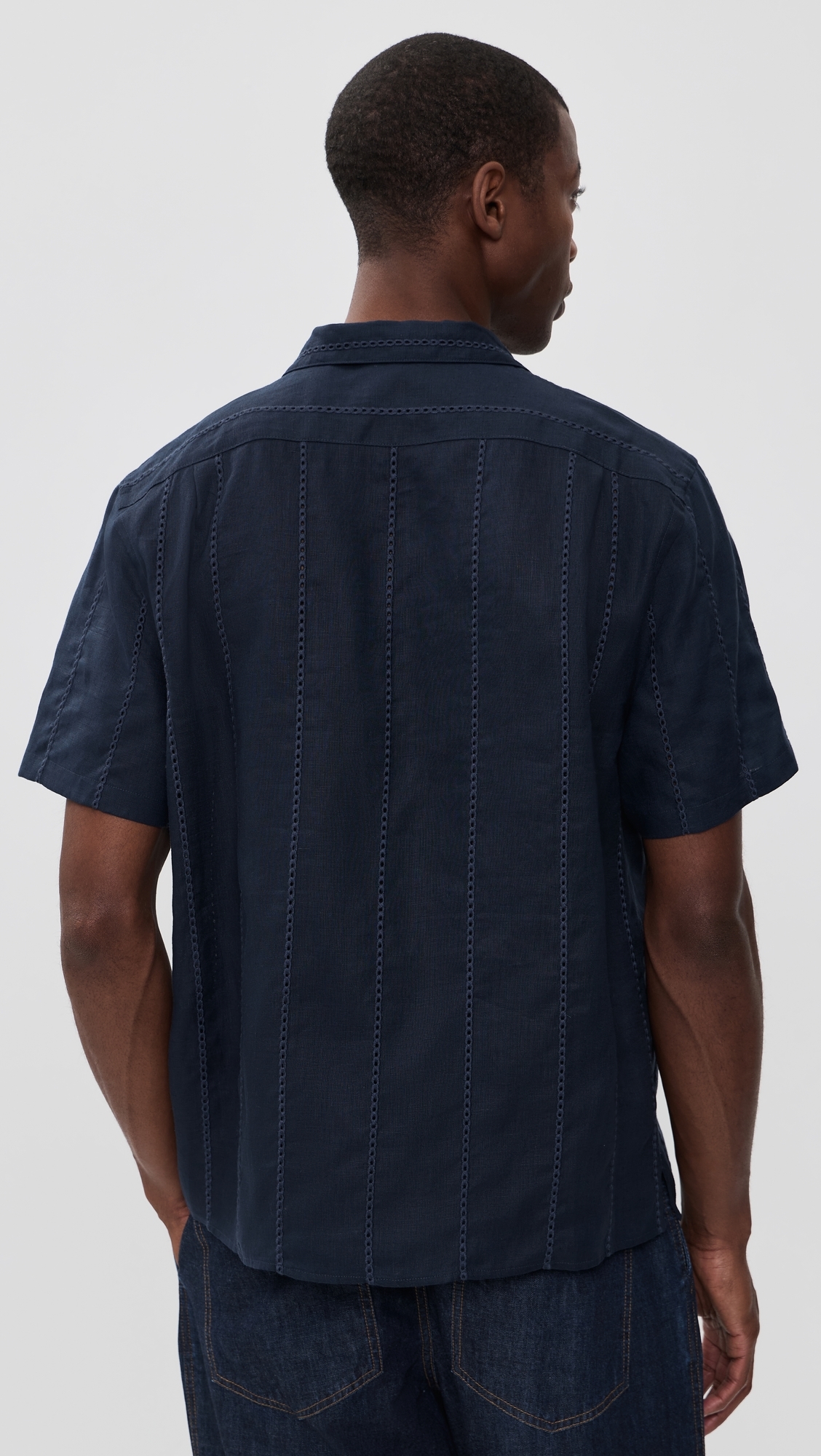 Linen Eyelet Stripe Short Sleeve Cabana Shirt Coastal