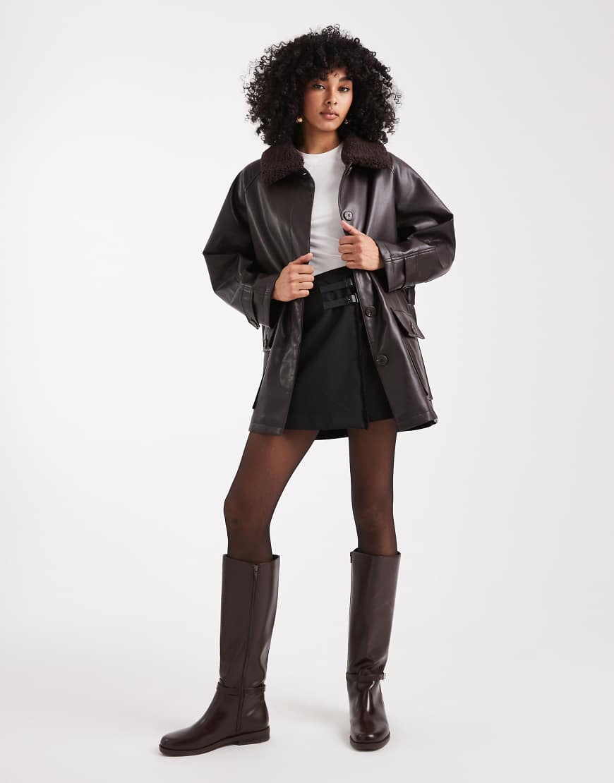 Leather look jacket with borg collar and cinch waist in chocolate-Brown