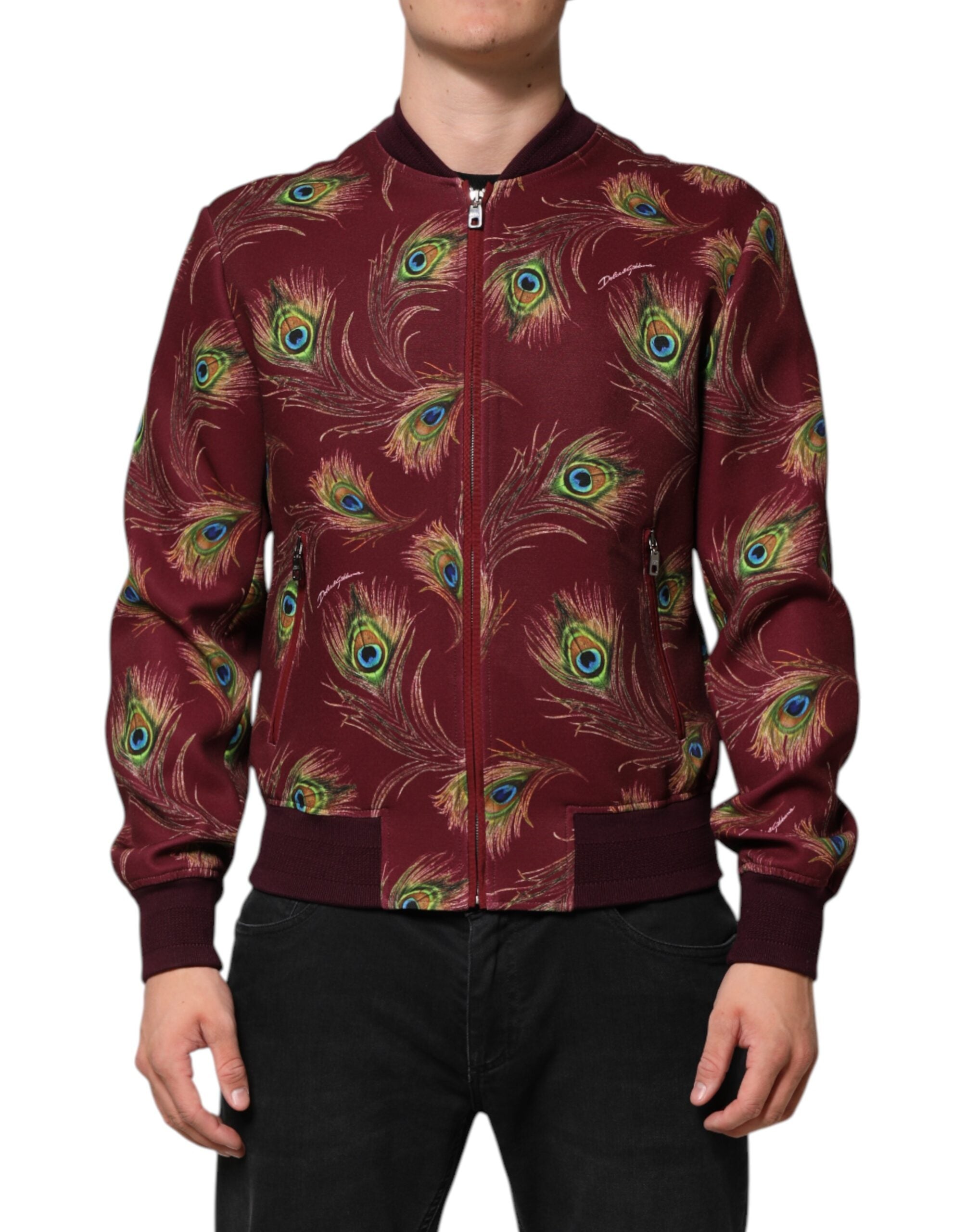 Peacock Feather Print Jacket — Maroon