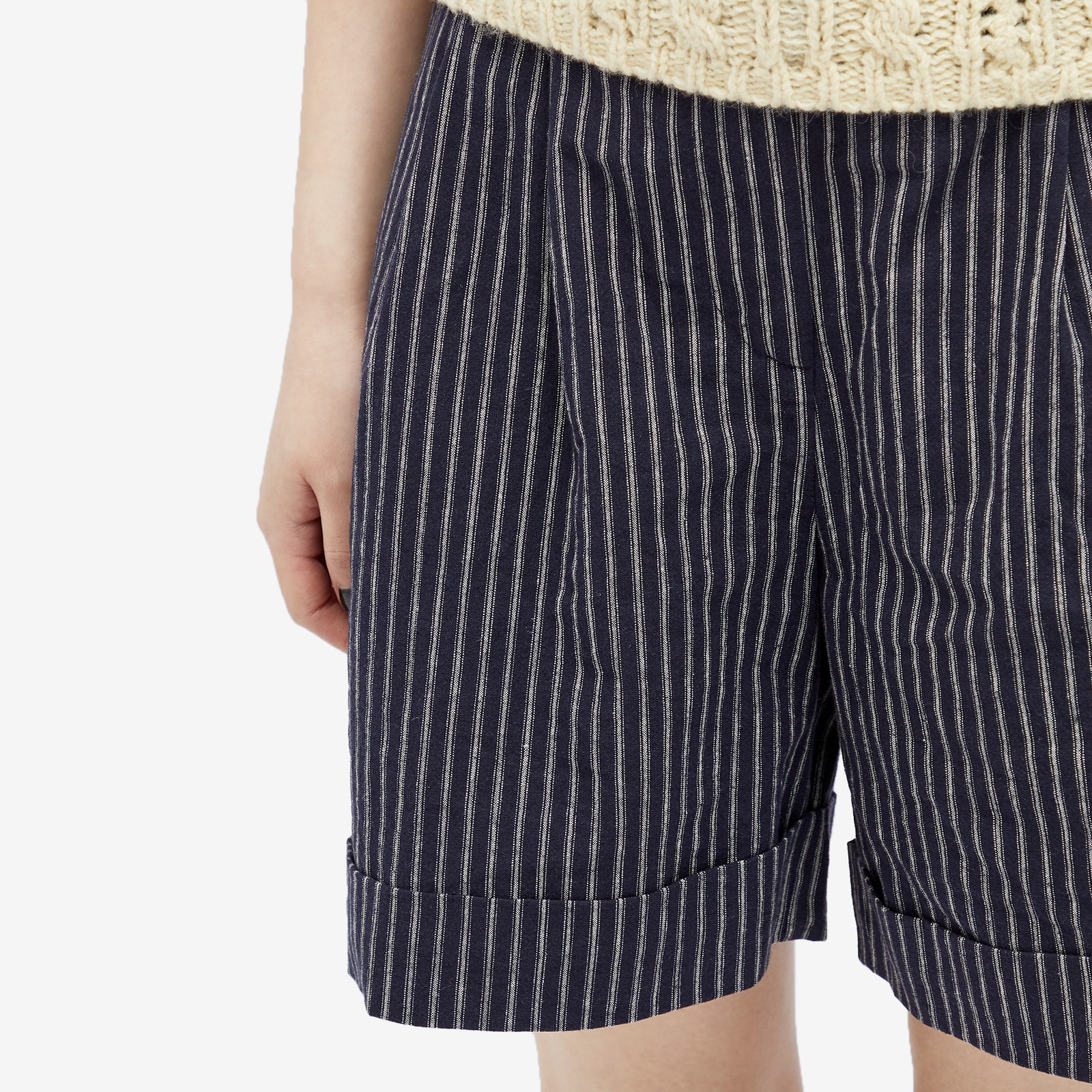 Women's Linen Stripe Pleated Short in Stone Stripe