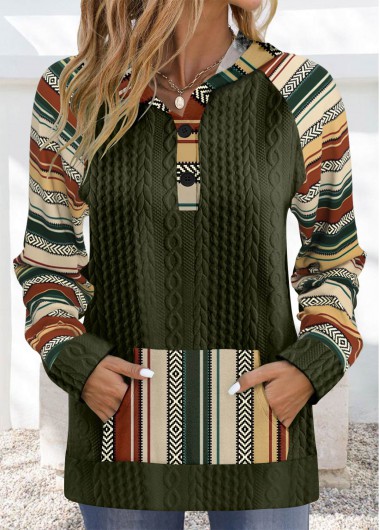 Modlily Olive Green Patchwork Tribal Print Long Sleeve Hoodie