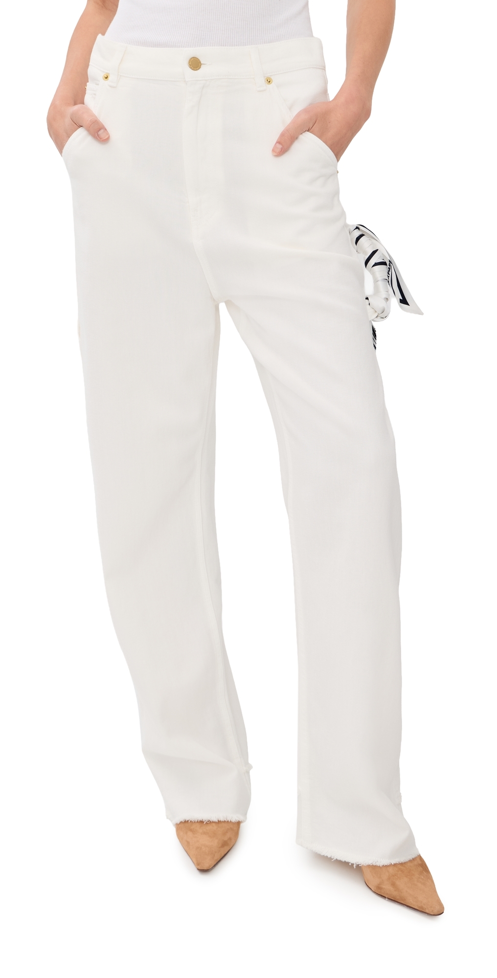 Lisa Scarf Adorned Loose Fit Carpenter Denim Jeans Washed White