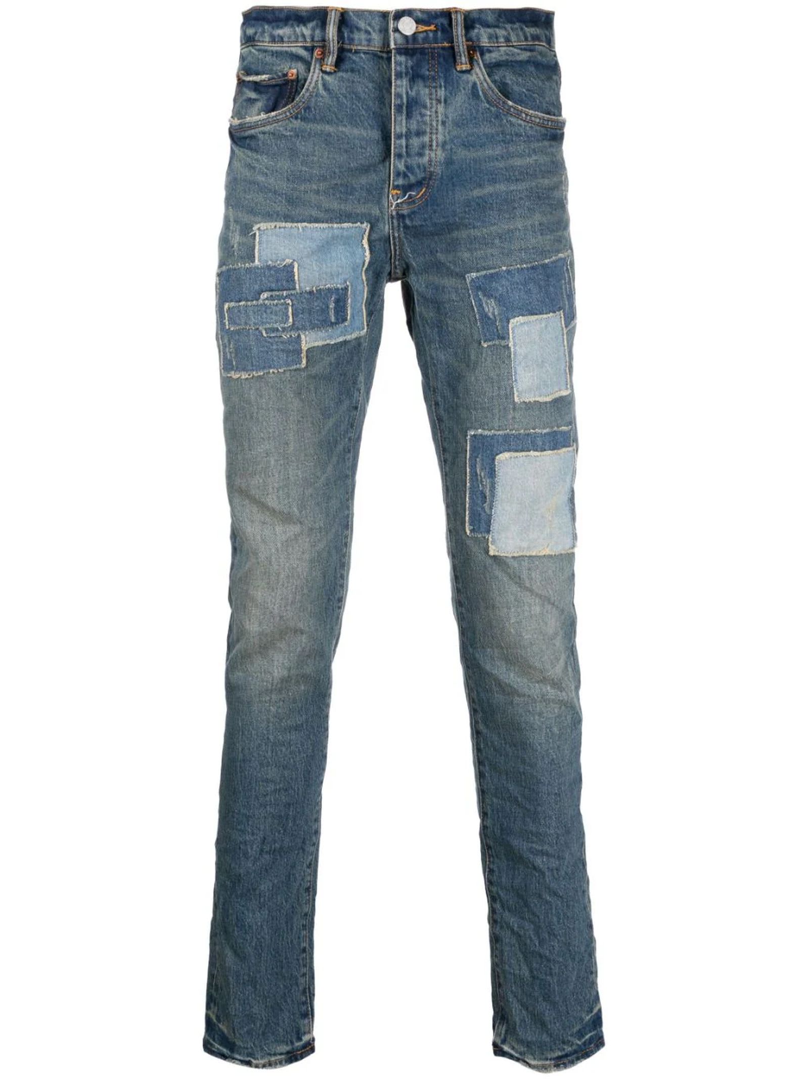 Stonewashed patchwork mid-rise jeans - Blue