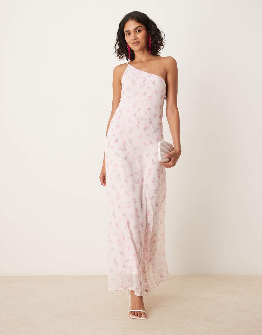 One shoulder maxi dress in pink ditsy floral