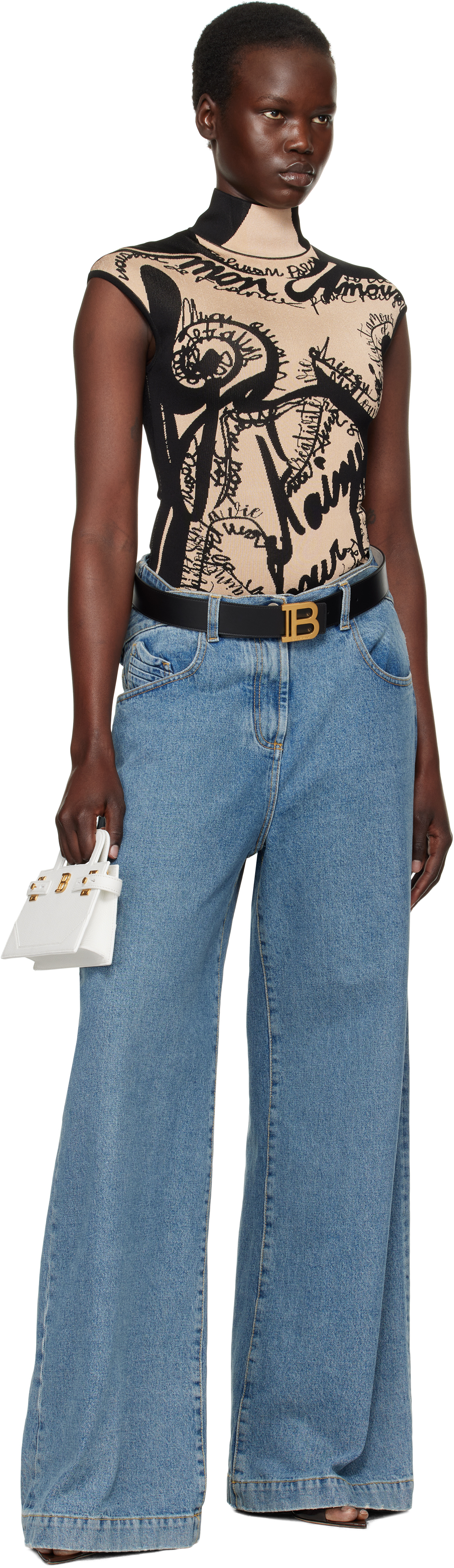 Balmain Black & Beige Jacquard Knit Torso Motif Bodysuit