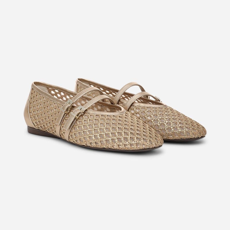 Cayla Mary Jane Ballet Flats, Tan Gold Faux Leather/Mesh Fabric