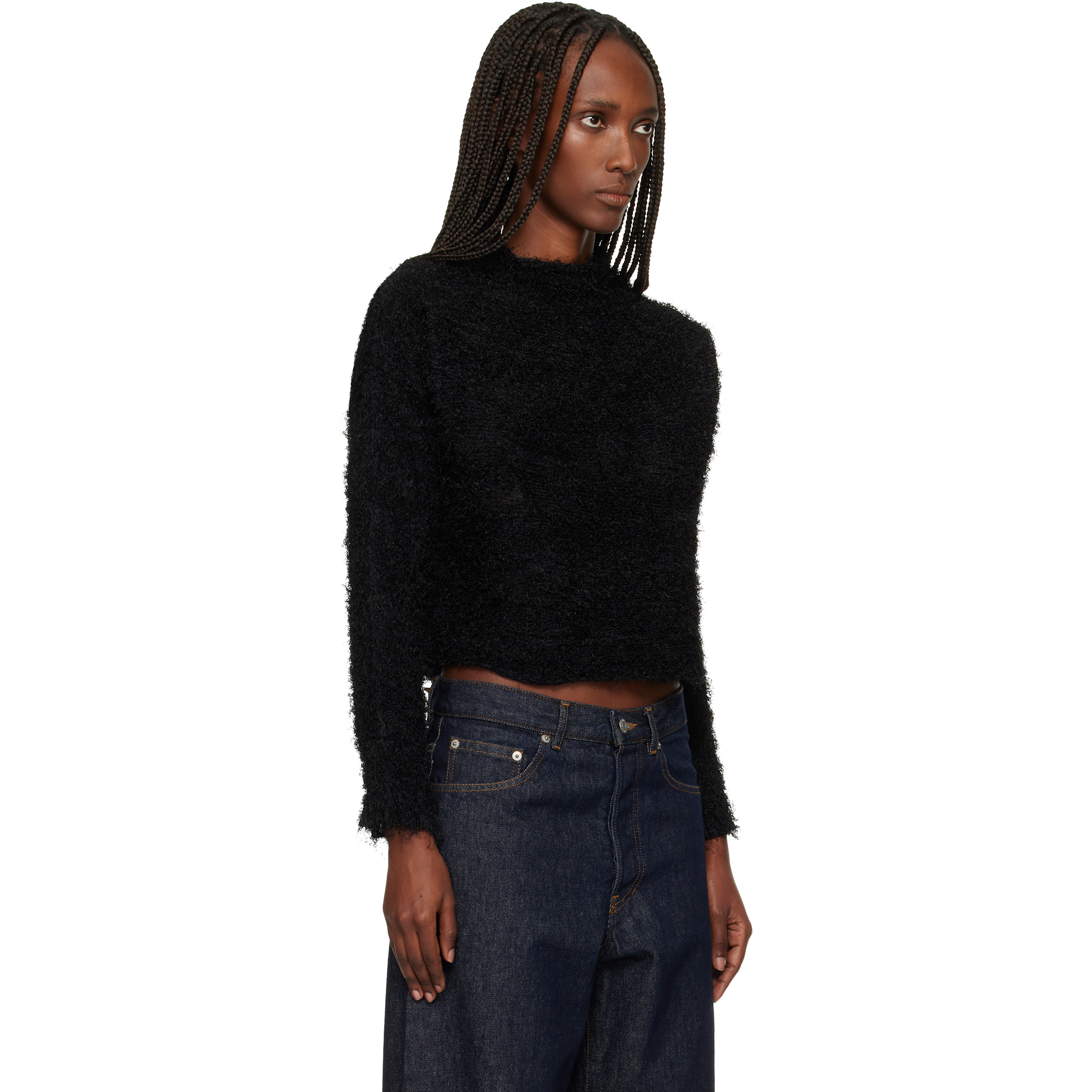 Black Shifted Fuzzy Pleats Sweater
