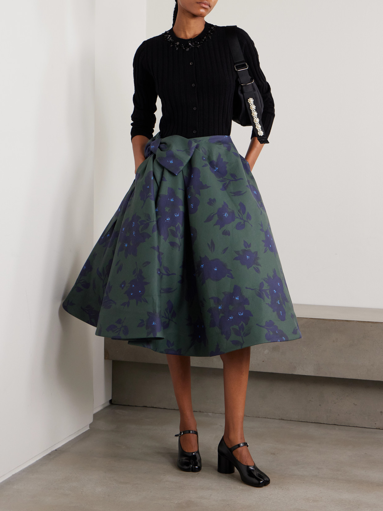 Asymmetric Bow-embellished Floral-print Cotton Midi Skirt - Green