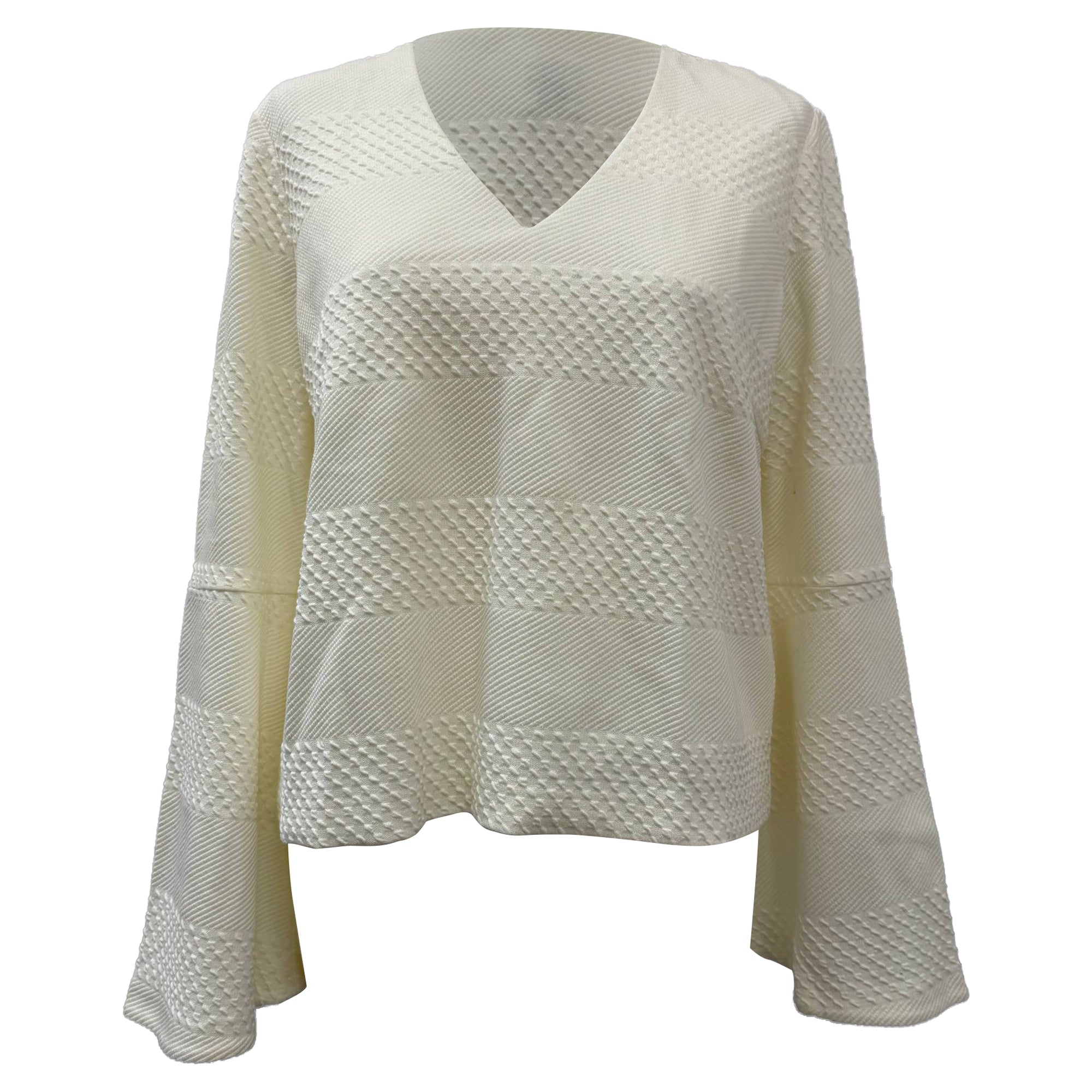 Textured V-Neck Long Sleeve Top in Cream Polyester