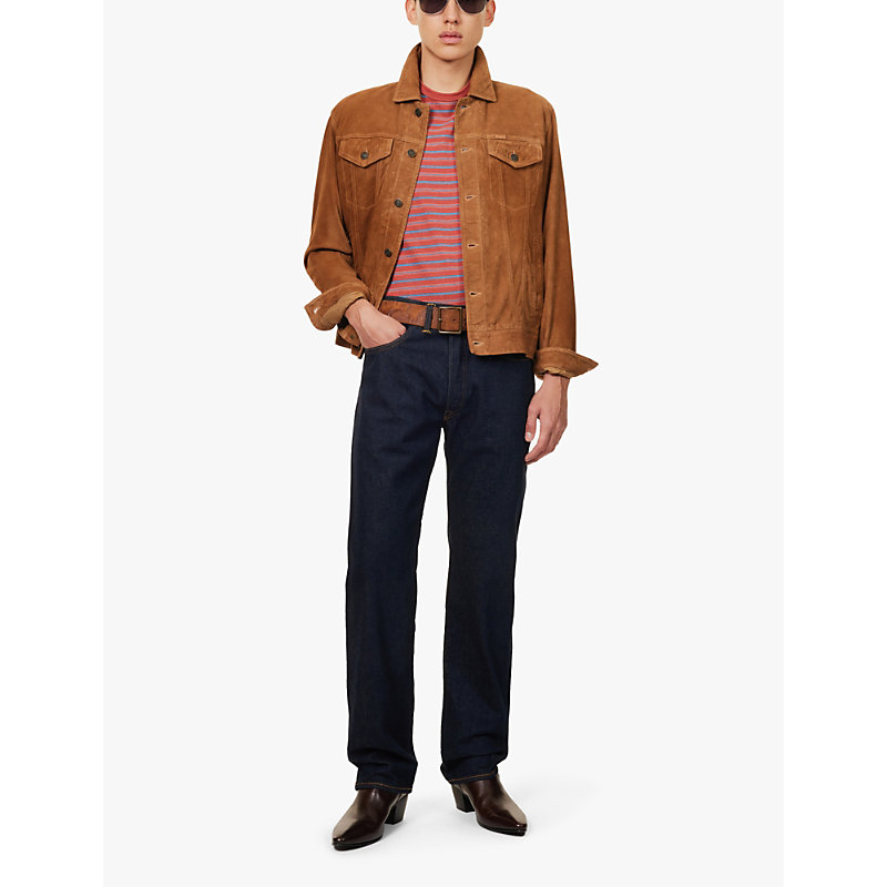 Mens Rustic Tan Spread Collar Flap Pockets Regular Fit Suede Jacket