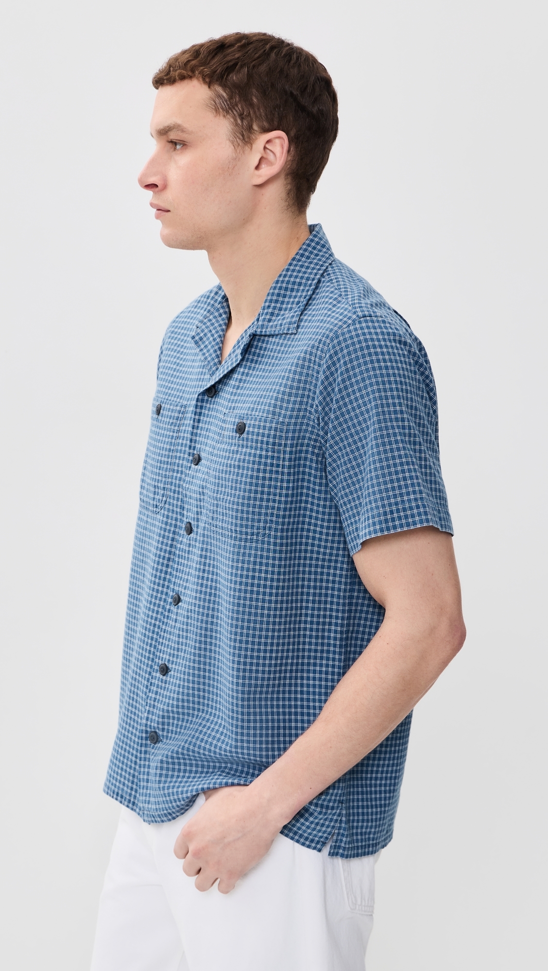 Billy Short Sleeve Plaid Collared Shirt Indigo Cream