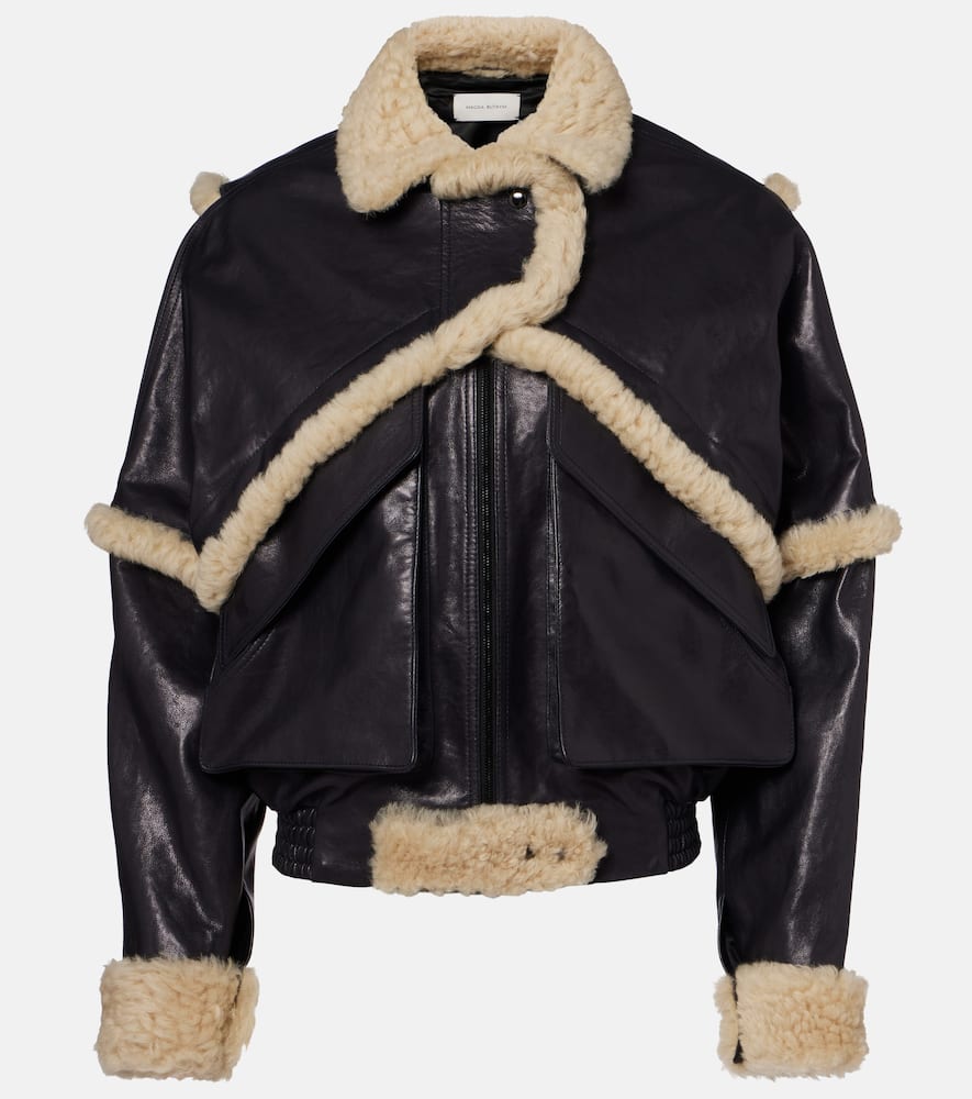 Shearling-trimmed leather bomber jacket