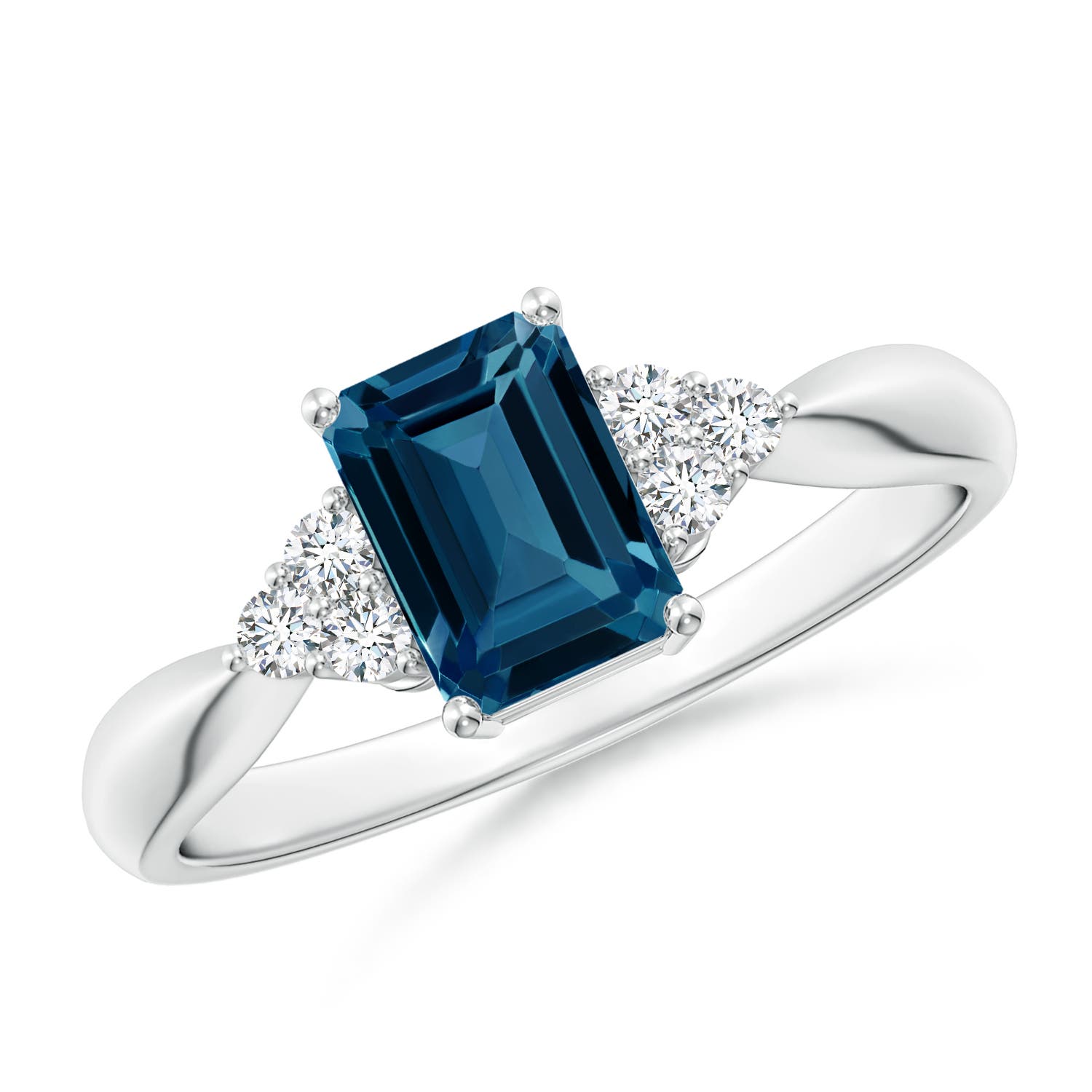 Angara 1.2 Carats Emerald-Cut London Blue Topaz Ring with Trio Diamonds in Platinum