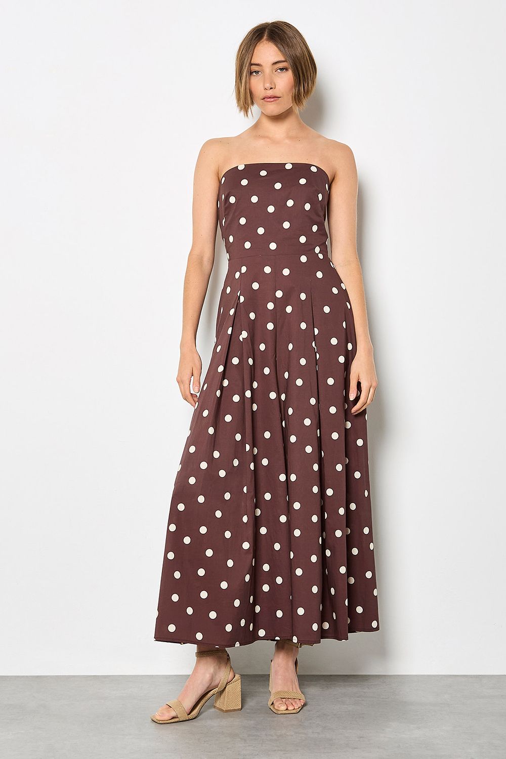 Apricot Women's Polka Dot Bow Back Cotton Jumpsuit in Brown