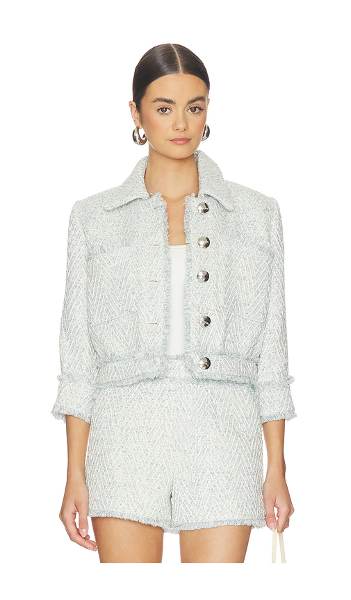 L'AGENCE Jia Crop 3/4 Sleeve Fringe Jacket in Blue,Ivory. - 0 also , 2, 4