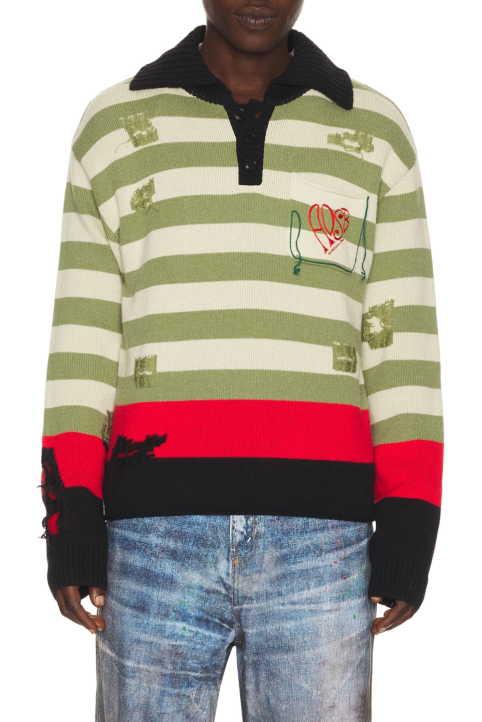 Andersson Bell Stripe Damaged Polo Sweater in Multi - Green. M also in L, XL/1X