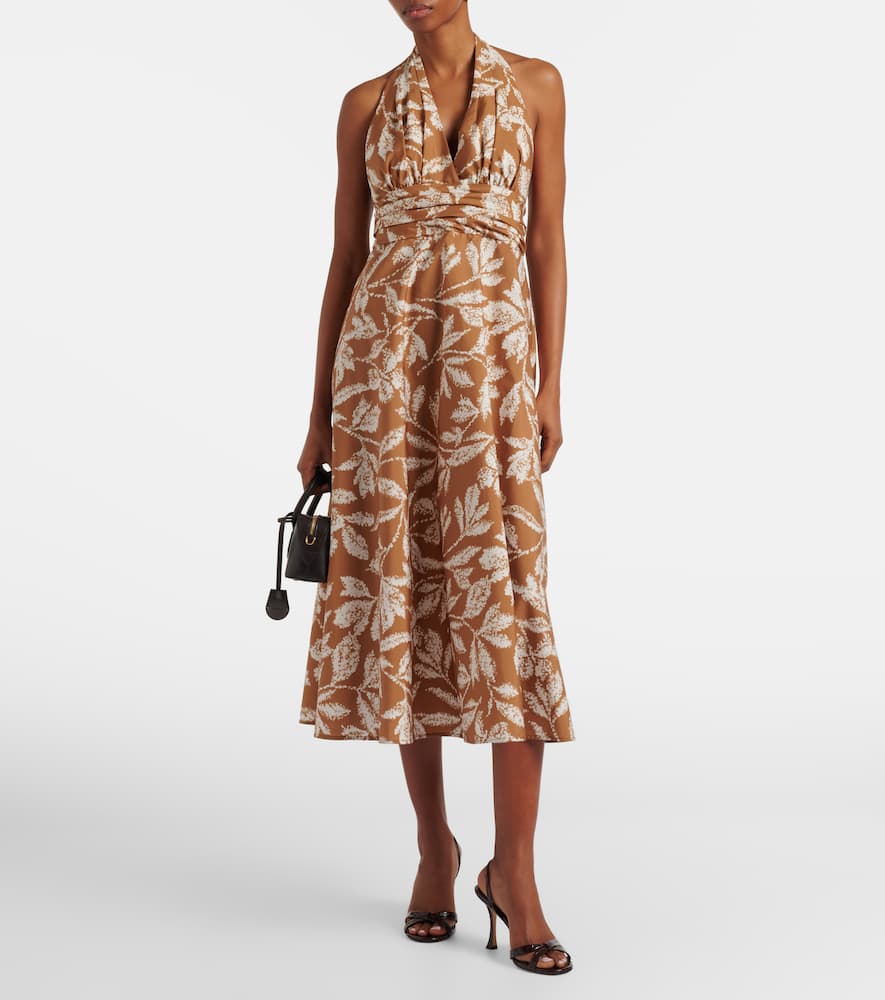 Halterneck printed cotton midi dress
