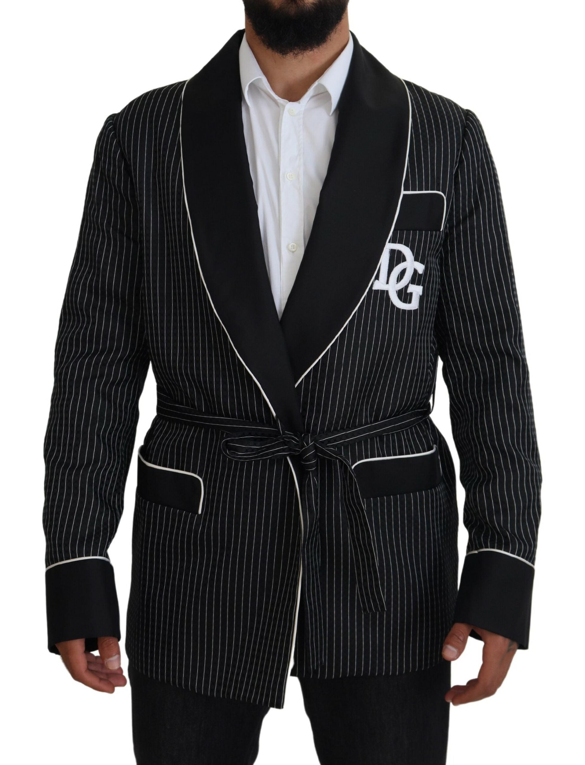 Pinstriped Silk-Blend Robe Blazer — Black