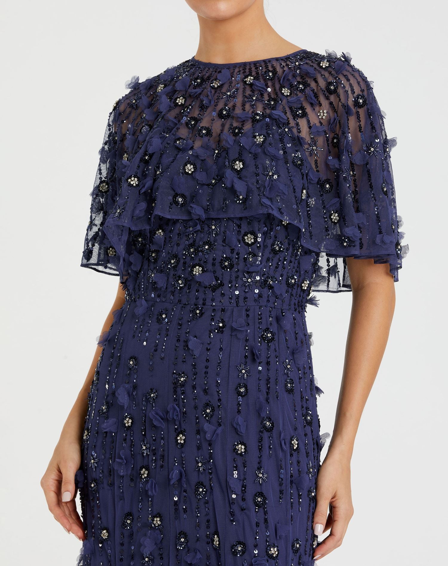 Navy Embellished Illusion Cape Sleeve Trumpett Maxi Gown In Black