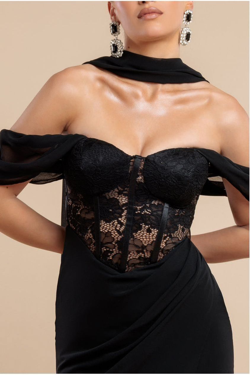 Goddiva Scalloped Lace & Chiffon Winged Corset Bodice Maxi Dress - Black