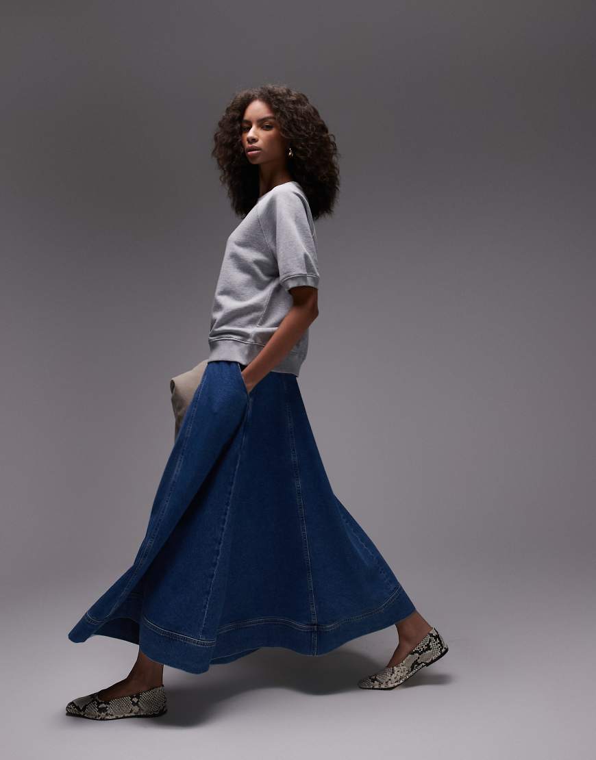Topshop denim full maxi skirt in mid blue