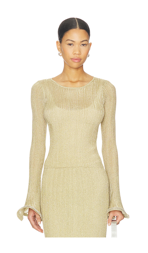 SIMKHAI Maebry Long Sleeve Crewneck Top in Metallic Gold, yellow. M. Also in