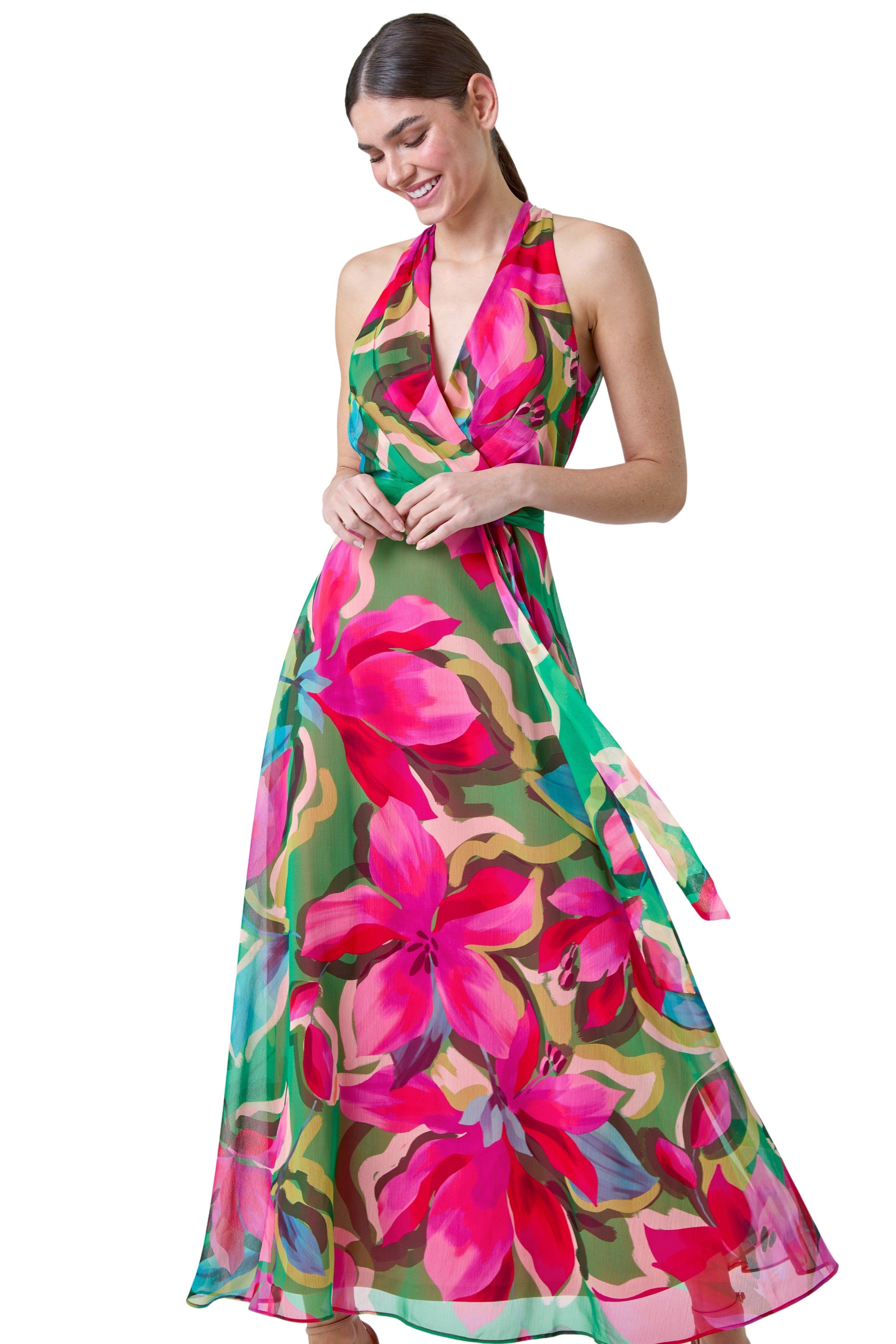 Roman Women's Floral Print Halter Neck Maxi Dress in Cerise