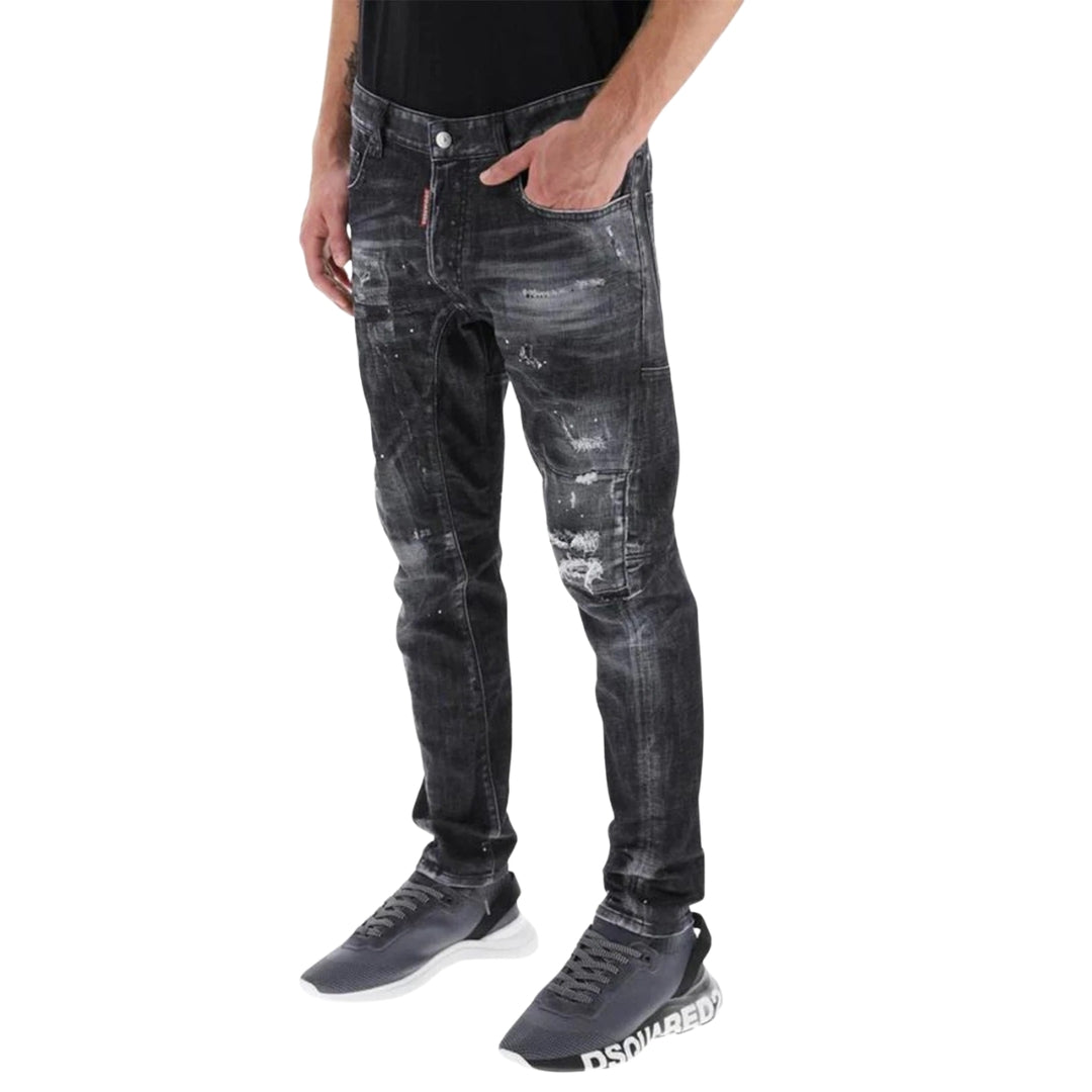 Dsquared2 Mens Tidy Biker Jean Worn Faded Style Black Jeans Cotton - 30 Waist