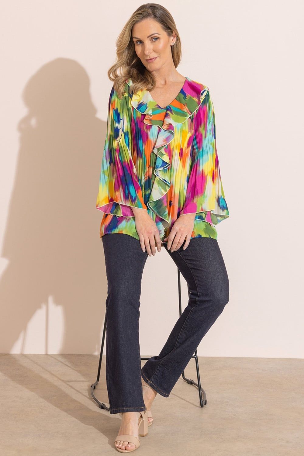Klass. Women's Abstract Print Pleated Ruffle Top