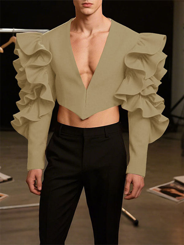 Men's Ruffle Patchwork V-Neck Cropped Long Sleeve Blazer SKUL27265 - Khaki / S