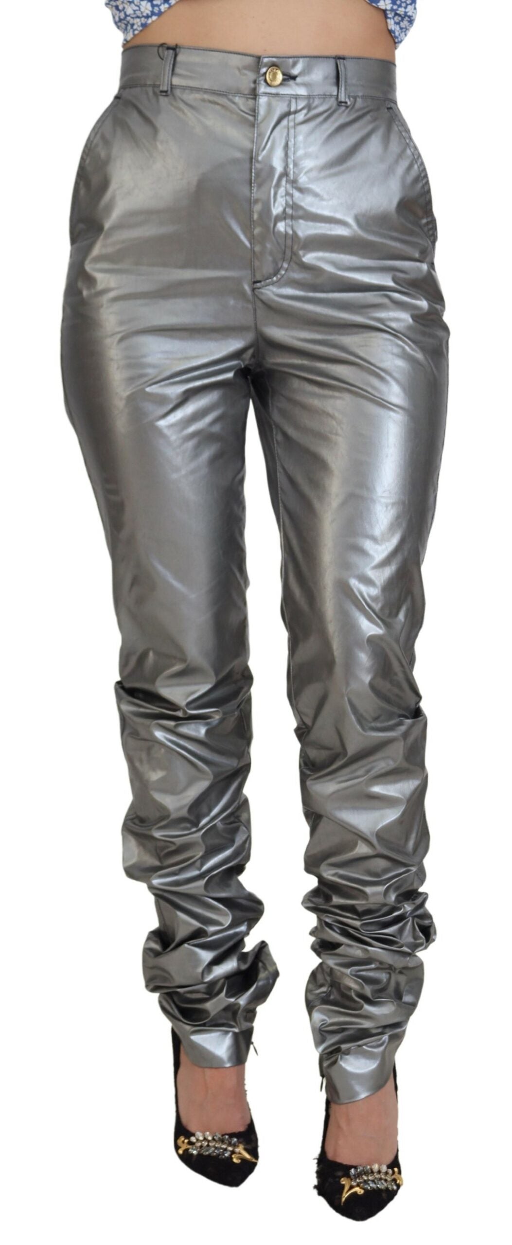Metallic High-Waist Skinny Trousers — Silver