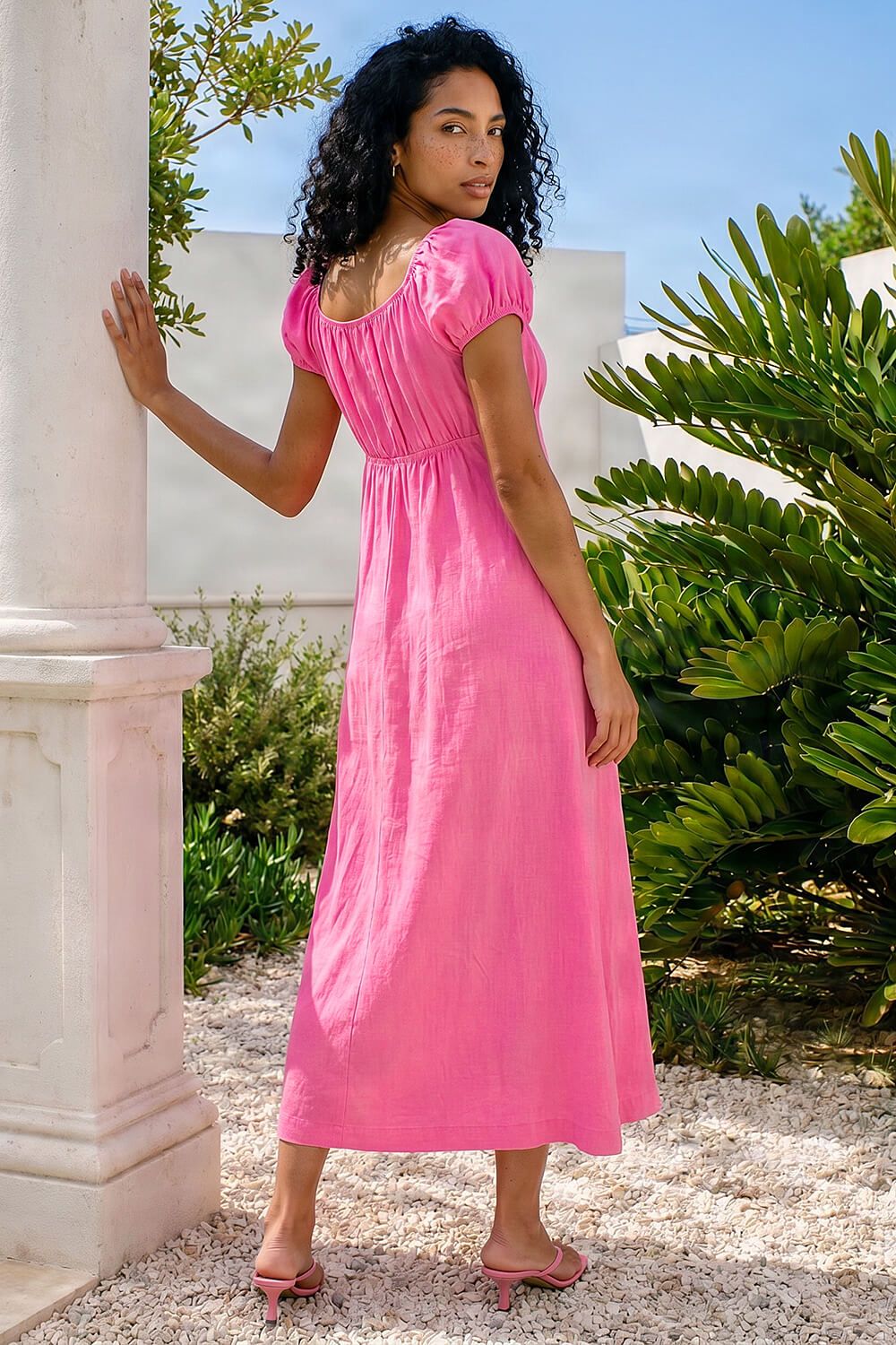 Roman Women's Puff Sleeve Linen Mix Midi Dress in Pink