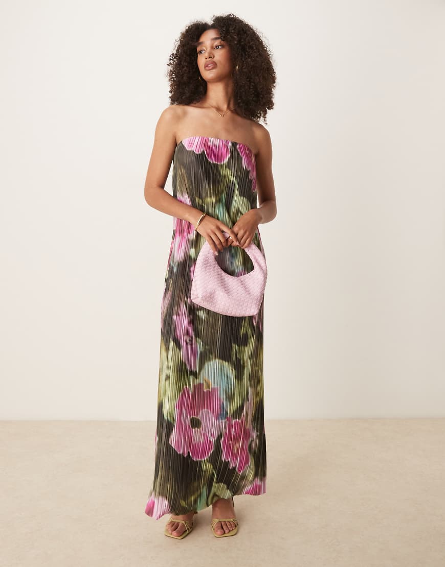 Plisse bandeau maxi dress in smudge floral-Multi