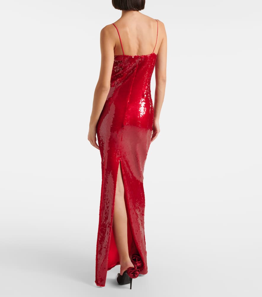 Floral-appliqué sequined gown