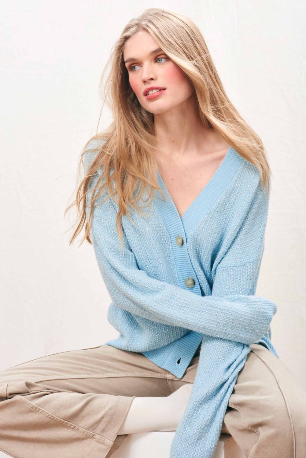 Lurex Birdseye Cardigan In Mineral Silver/light Blue Silver
