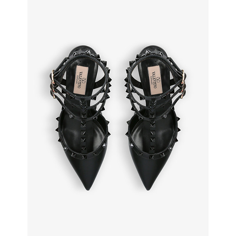 Womens Black Rockstud Stud-embellished Leather Heeled Courts