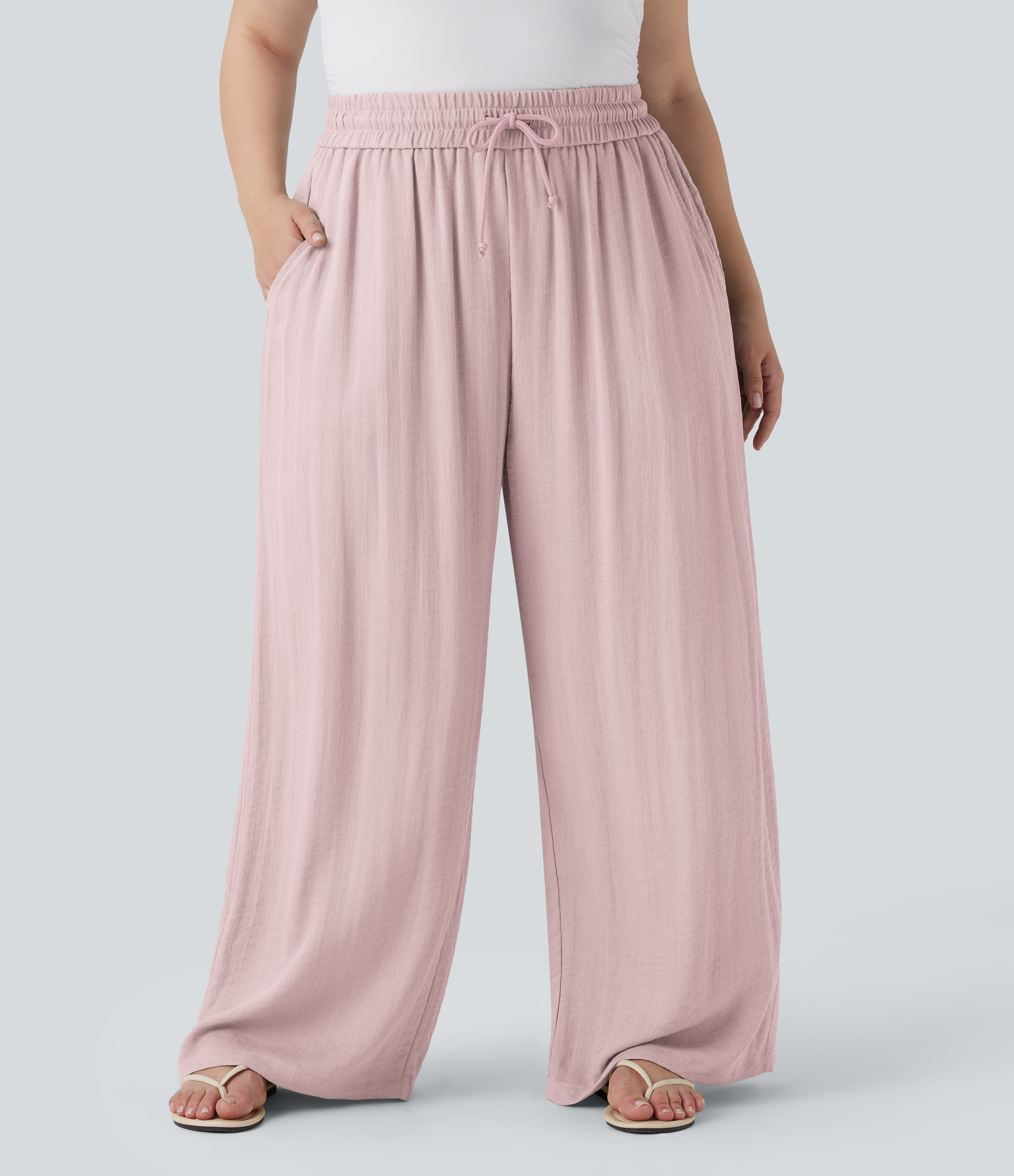 High Waisted Drawstring Linen-Feel Wide Leg Casual Plus Size Pants with Pockets  - Mauveglow