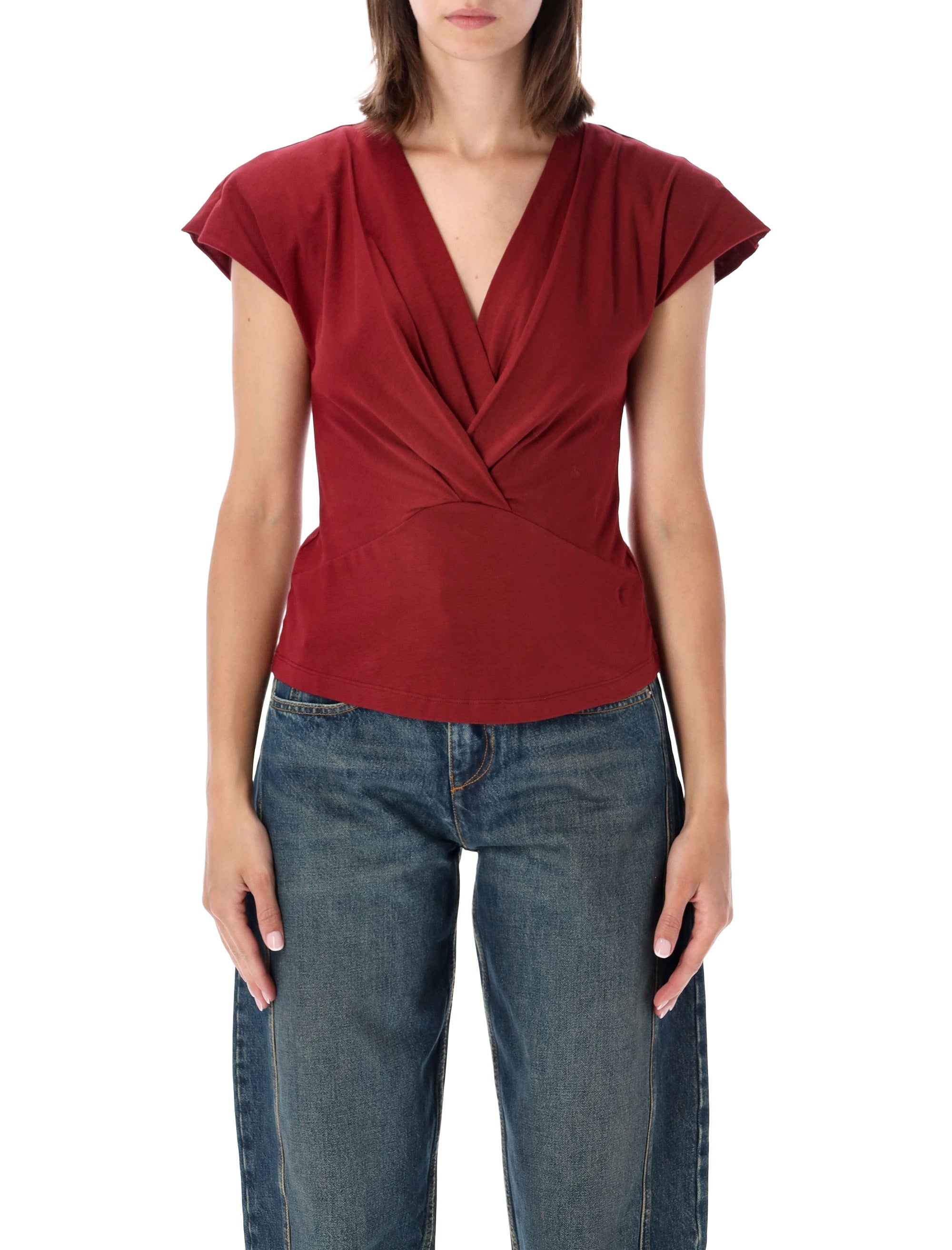 Nadrine Wrap-Effect Draped T-Shirt with Plunging V-Neck & Removable Shoulder Pads (Slim Fit)
