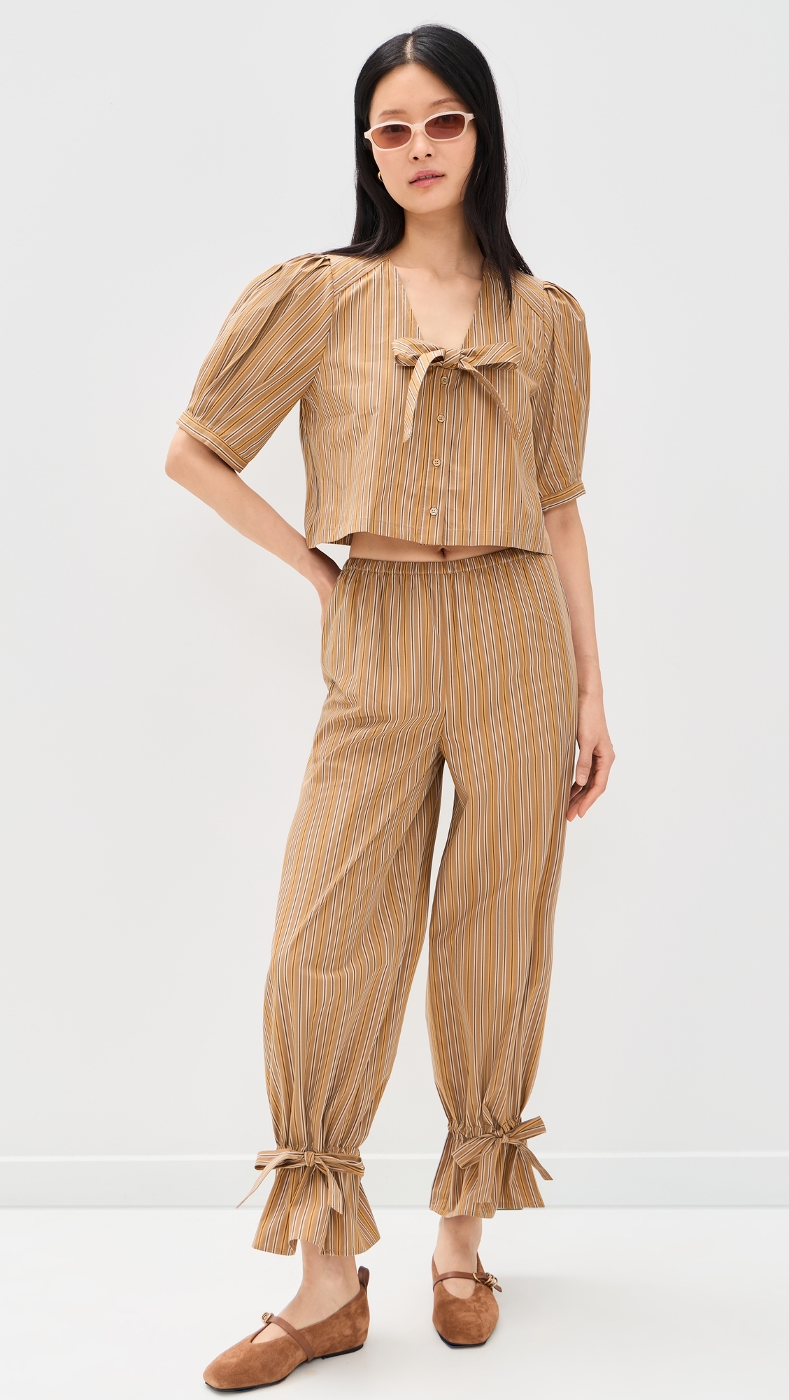 Striped Bow Blouse Light Brown
