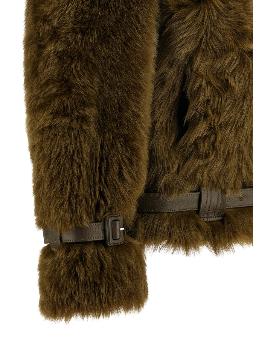 Brown Jacket With Adjustable Belt On The Waist In Fur Woman