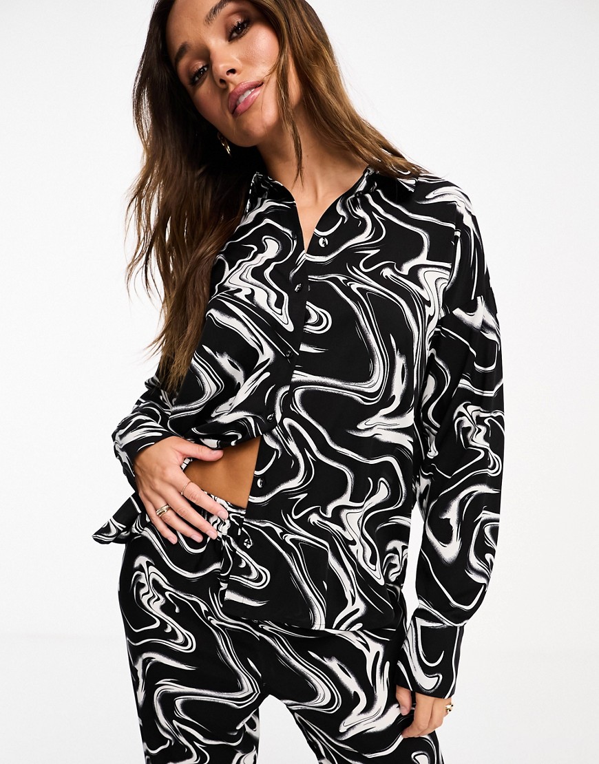 Satin shirt in black swirl print - part of a set-Multi